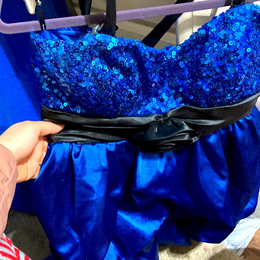 Blue and black with sequins short prom dress